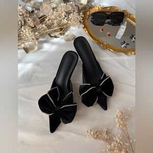 Black Velvet Rhinestone Trim Pointed Toe Bow Kitten Heels